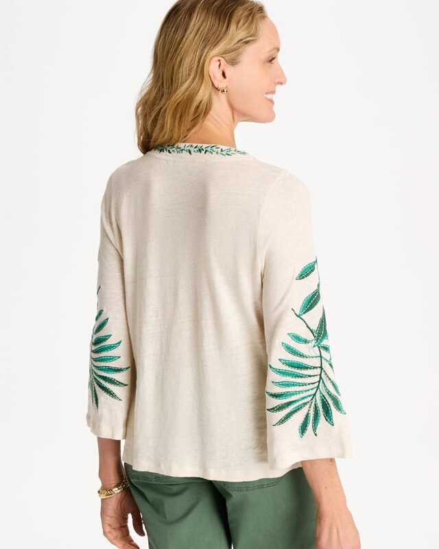 Linen Palm Embroidered Pleated Tee - image 3